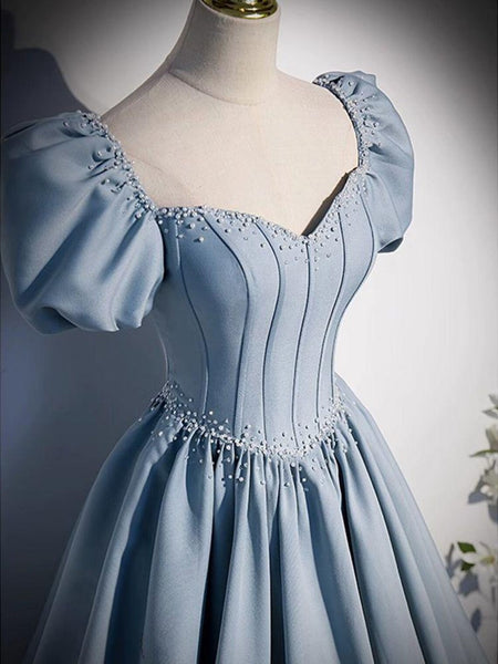 Women Short Sleeve Sky Blue Long Pleated Princess Dress Daughter Birthday Event Party Prom Dress