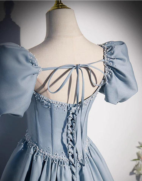 Women Short Sleeve Sky Blue Long Pleated Princess Dress Daughter Birthday Event Party Prom Dress