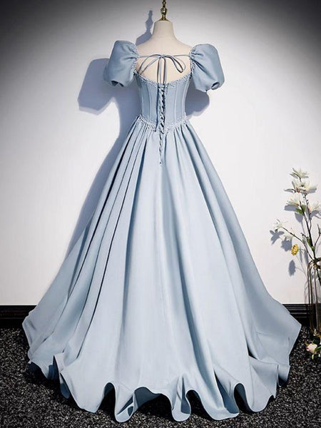 Women Short Sleeve Sky Blue Long Pleated Princess Dress Daughter Birthday Event Party Prom Dress