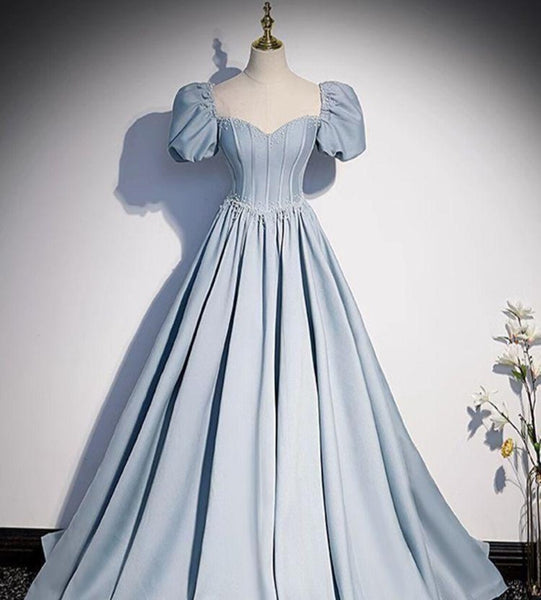 Women Short Sleeve Sky Blue Long Pleated Princess Dress Daughter Birthday Event Party Prom Dress