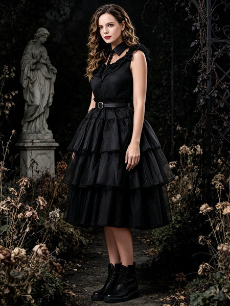 Wednesday Addams Black Dress, Gothic Halloween Costume, Dark Academia Outfit, Handmade Black Doll Collar Dress, Spooky Season Women Dress