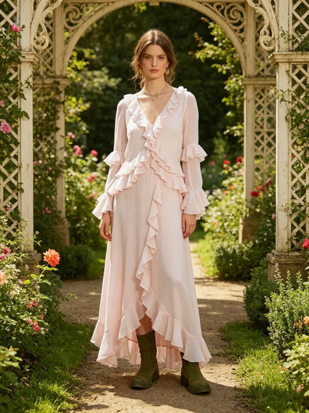Irregular V Neck Ruffle Dress Women | Slit Midi Dress | Asymmetrical Summer Dress | Elegant Flowy Dress | Romantic Holiday Outfit