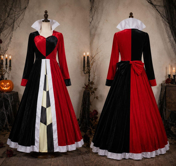 Queen of Hearts Costume for Women – Halloween Red Black Dress, Wonderland Villain Cosplay, Gothic Queen Outfit, Adult Fancy Dress