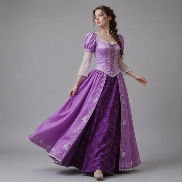 Elegant Purple Rapunzel Cosplay Ballgown, Floral Embroidery Hem Medieval Princess Dress for Adult Halloween Costume Party