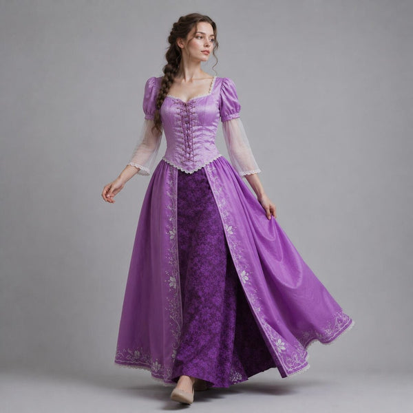 Elegant Purple Rapunzel Cosplay Ballgown, Floral Embroidery Hem Medieval Princess Dress for Adult Halloween Costume Party
