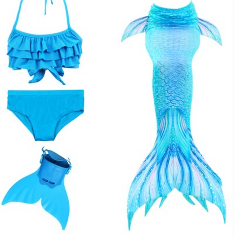 Realistic Best Kids Mermaid Tail Blue Swimsuit Bikini for Swimming with Fins Monofin Flipper