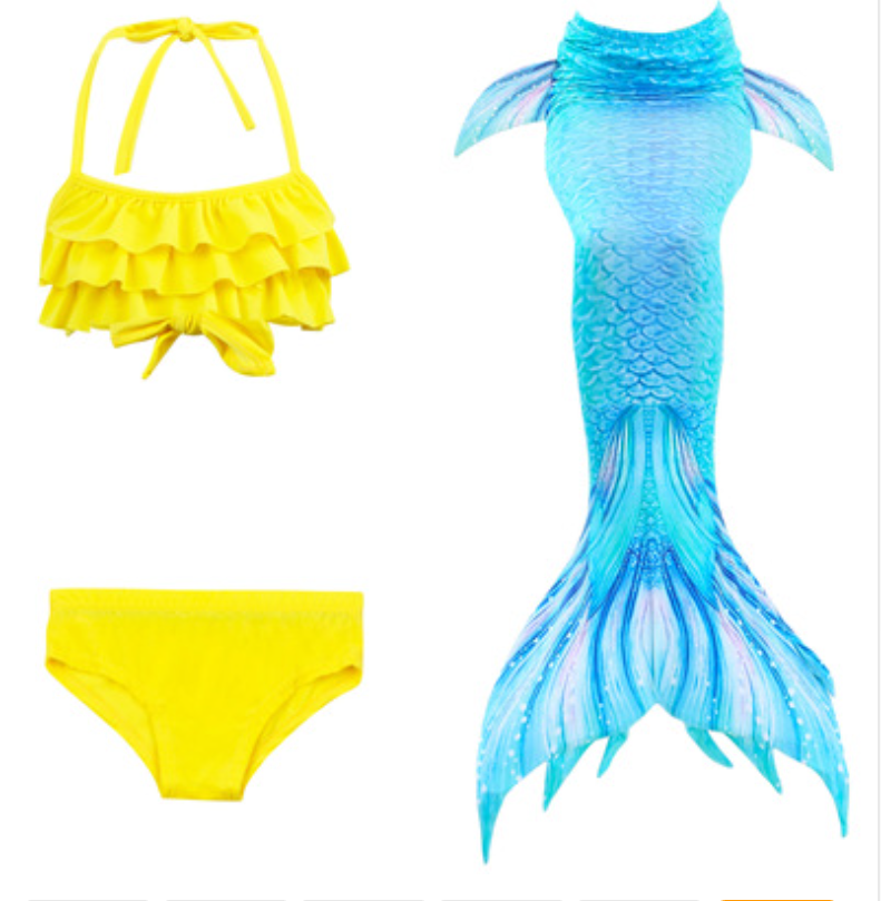 Realistic Best Kids Mermaid Tail Swimsuit Bikini for Swimming with Yellow Top Blue Tail