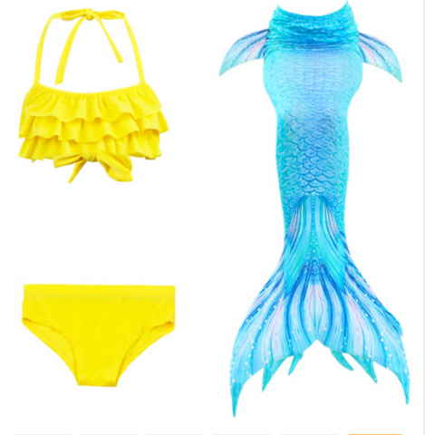 Realistic Best Kids Mermaid Tail Swimsuit Bikini for Swimming with Yellow Top Blue Tail