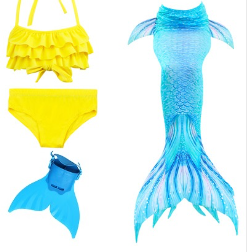 Realistic Best Kids Mermaid Tail Yellow Swimsuit Bikini for Swimming with Blue Fins Monofin Flipper