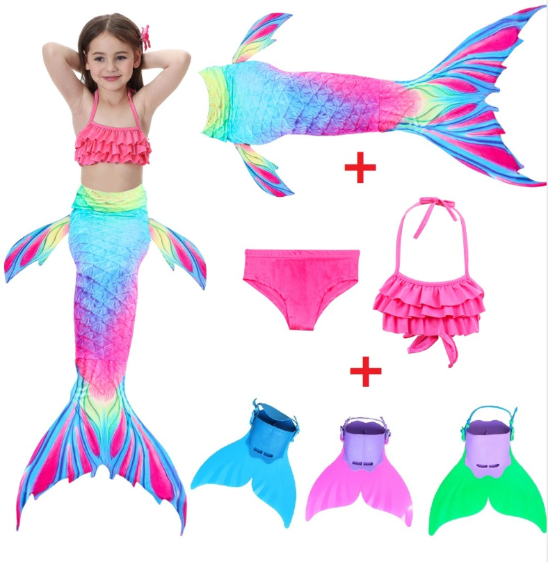 Realistic Best Kids Mermaid Tail Pink Swimsuit Bikini for Swimming with Fins Monofin Flipper