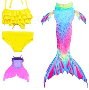 Realistic Best Kids Mermaid Tail Yellow Swimsuit Bikini for Swimming with Pink Fins Monofin Flipper