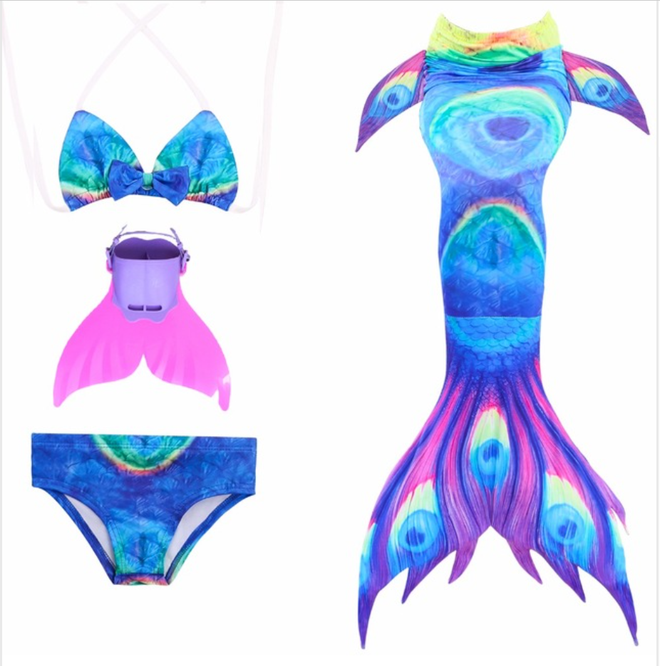 Kids Mermaid Swimming Tail Swimsuit Cosplay Mermaid Tails B with Fins Monofin Flipper for Girls