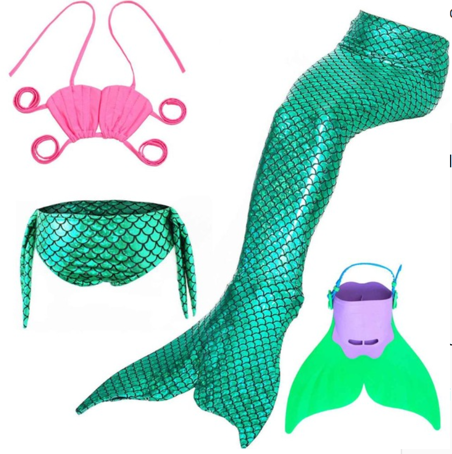 Best Swimmable Mermaid Tail Swimsuit Bikini for Kids Green Mermaid Tail Girls Swimsuit with Fins Monofin Flipper