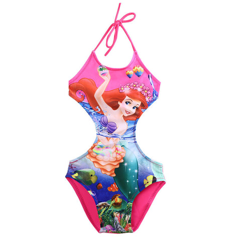 Mermaid Girls Halter One-Piece Suits Cartoon Print Tankini Swimsuit
