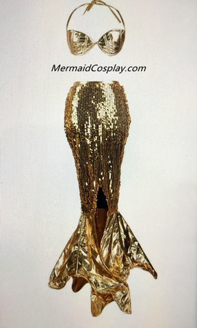 Custom Golden Sexy Sequins Mermaid Skirt Gold Bra for Women