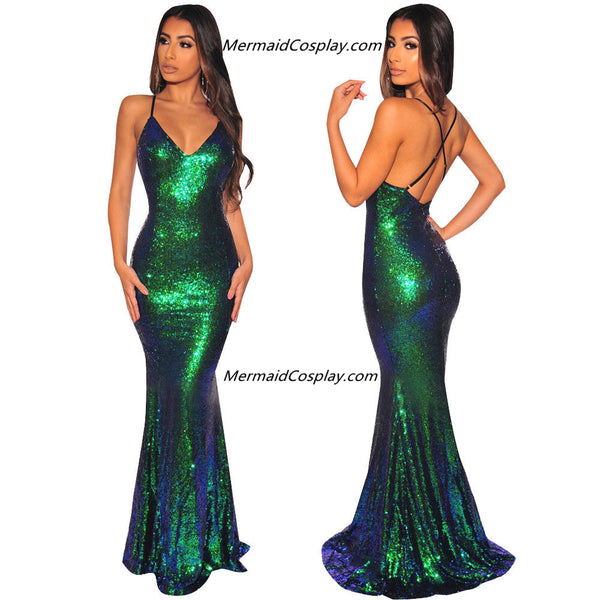 Custom Sexy Bodycon Backless Green Mermaid Dress Evening Gown for Women